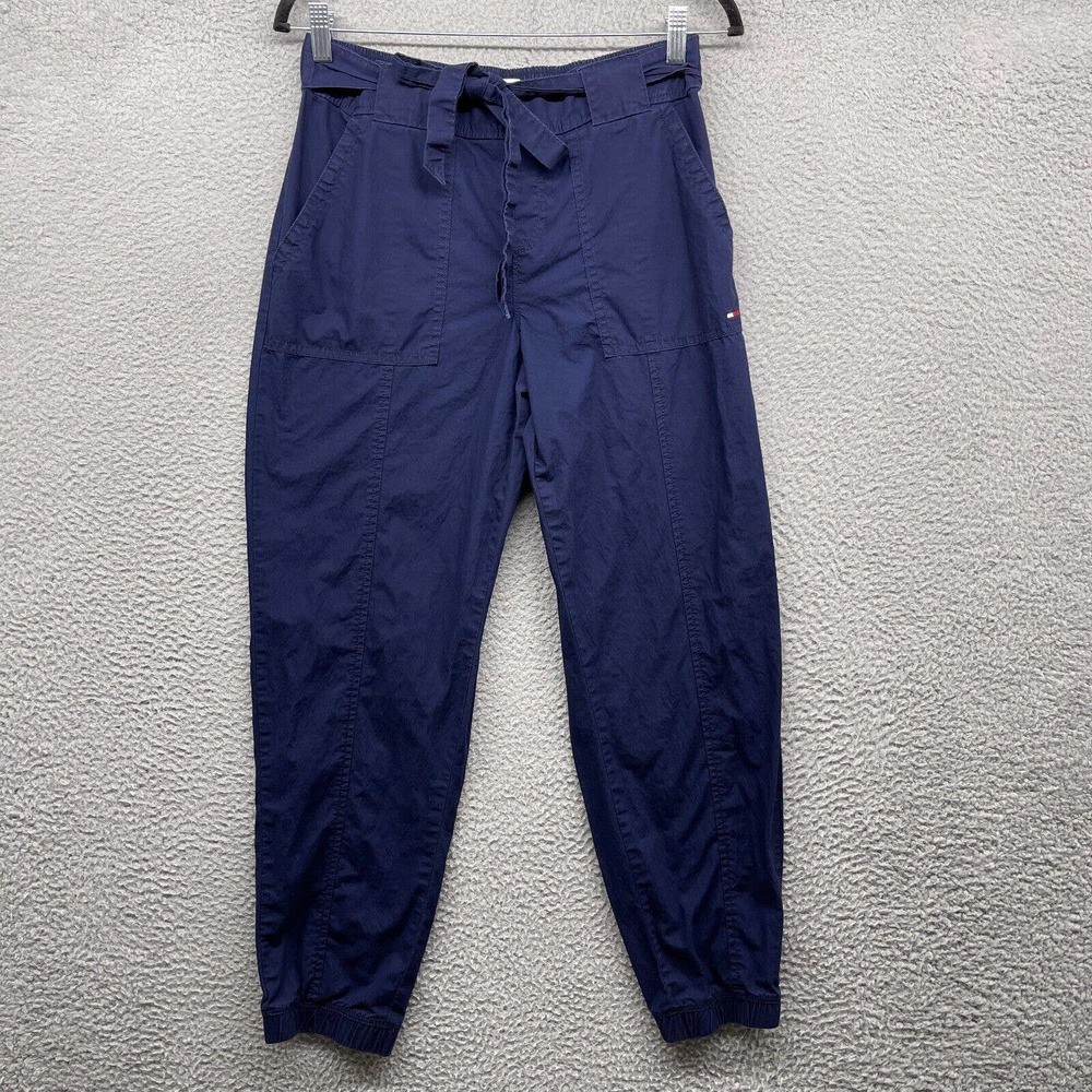 Tommy Jeans Paperbag Pants Blue High Rise Tapered Drawstring Belt Logo Size M